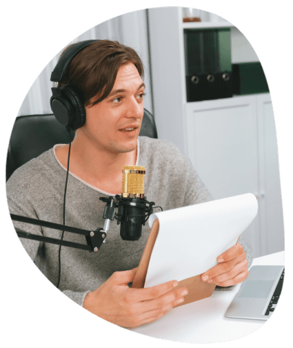 A corporate trainer reviews a meeting transcript on a tablet, showing who depends on Media Transcription Services.