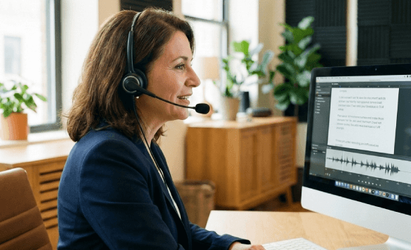 Voice artist recording IVR voice-over prompts with precise timing for automated business phone systems.