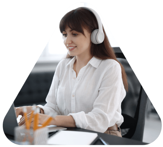 A manager reviews test transcripts and terminology notes, highlighting Police Transcription Services with strict screening.