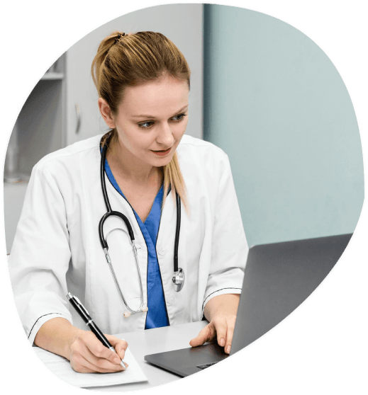 The doctor checks a secure portal for Pharmaceutical Translation Services, highlighting a trust-focused workflow.
