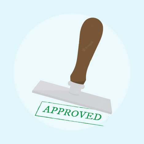 A graphic illustration of a seal with the word 'approved' on it