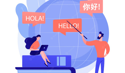 Illustration of two people with multilingual chat boxes