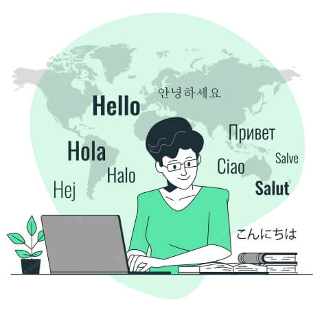 A digital illustration of a girl surrounded by the word 'hello' in different languages