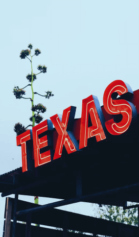 A neon sign displaying the word Texas